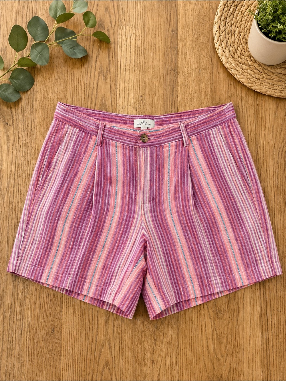 J.Jill Love Linen 100% Linen Striped Shorts Petite 8 Pink Coral Summer